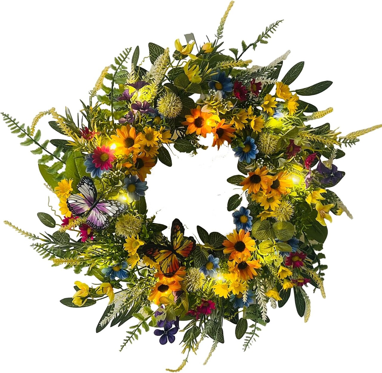 22 Inch Summer Floral Wreath for Front Door, Sunflower and Daisy with Eucalyptus Leaves,Mixed Flower,Fairy Lights,Artificial Wreath for Front Door Summer Outdoor Home Decor Summer Decor